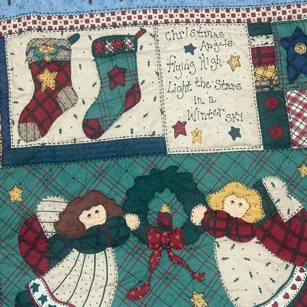 Handmade Folk Art Christmas Quilt Wall Hanging 24x30 Angels Trees Stockings